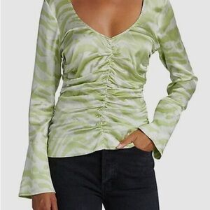 Ganni Women's Green Zebra Stripe Ruched Stretch Silk Top Size 44 / US 14
